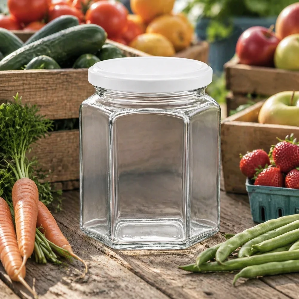 400g Honigglas sechseckig leer mit weißem Deckel zwischen frischem Gemüse und Obst auf Holztisch im Landhausstil