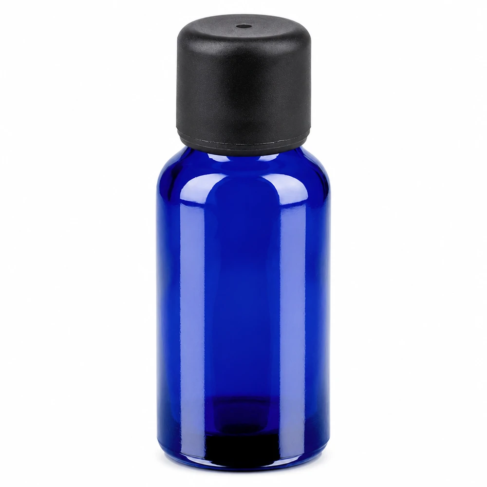 20ml láhev 6mm šroubovací uzávěr černá Standard BlueLine UT18/20 UV-schützende blaue Glasflasche 20ml mit schwarzem Tropfverschluss für lichtempfindliche Substanzen