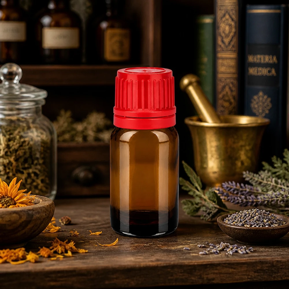 10ml lahvička 11mm šroubovací uzávěr červený tamper evidentní uzávěr BrownLine UT18/10 Lichtgeschützte 10ml Glasflasche braun mit roter Kappe für langanhaltende Qualität von Essenzen