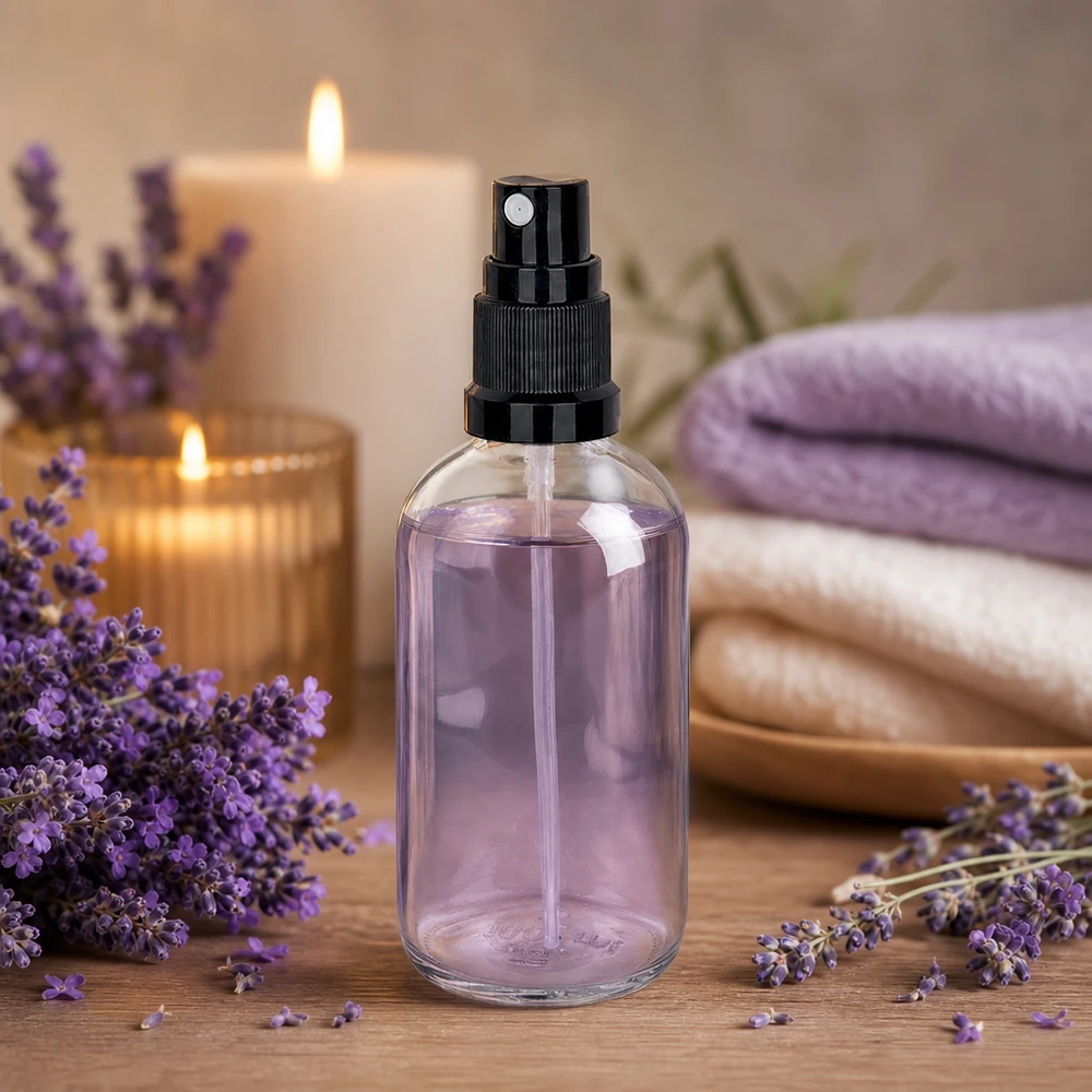 100ml lahvička s rozprašovačem černá/transparentní standardní uzávěr ClearLine UT18/100 Transparente 100ml Glasflasche mit schwarzem Sprühaufsatz für ätherische Öle und Hydrolate