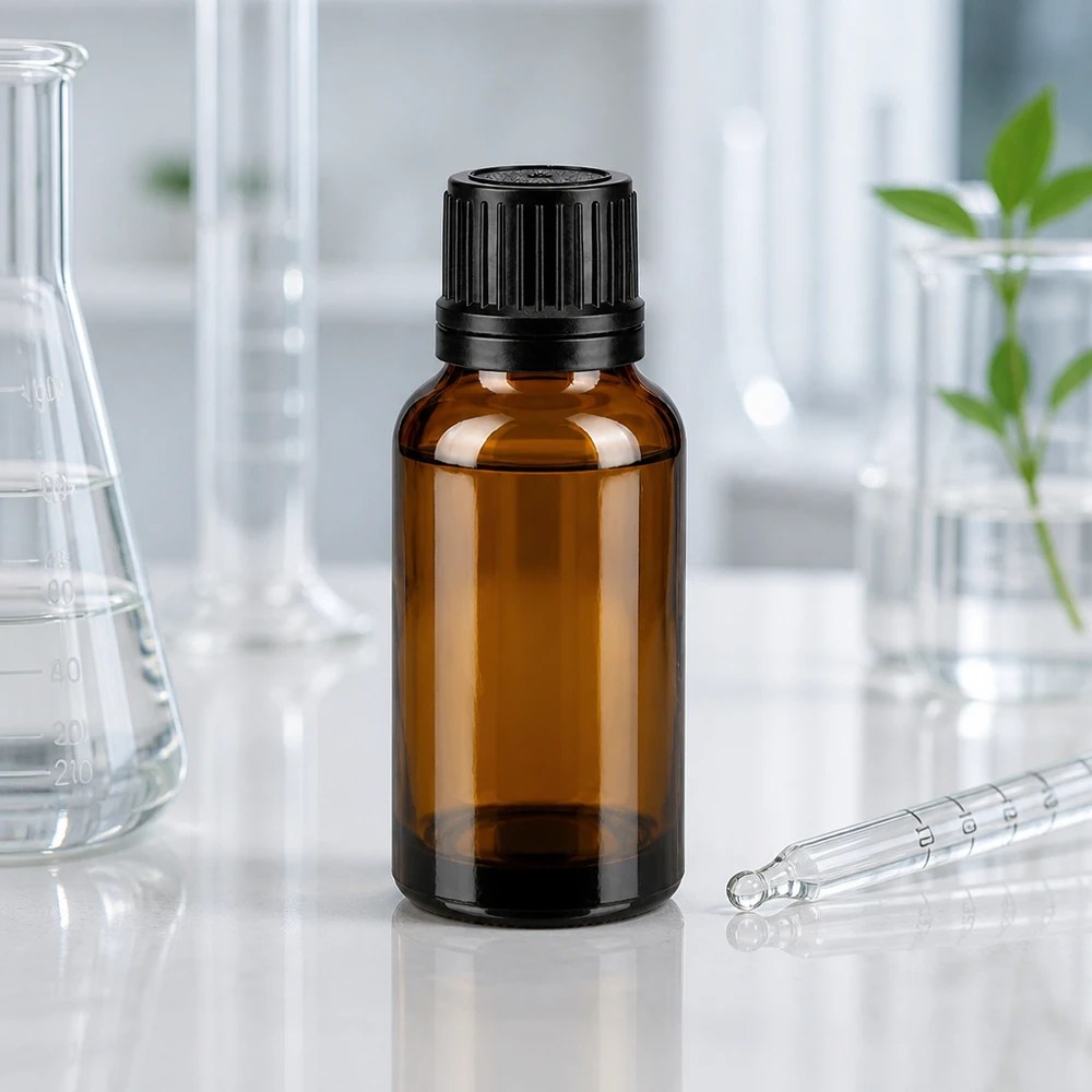 Lékárenská lahvička hnědá 20ml kapátko s nalévacím kroužkem 1mm černý uzávěr s ochranou proti manipulaci. UV-schützende 20ml Tropfflasche ApoGlas mit 1mm Tropföffnung und schwarzem Deckel