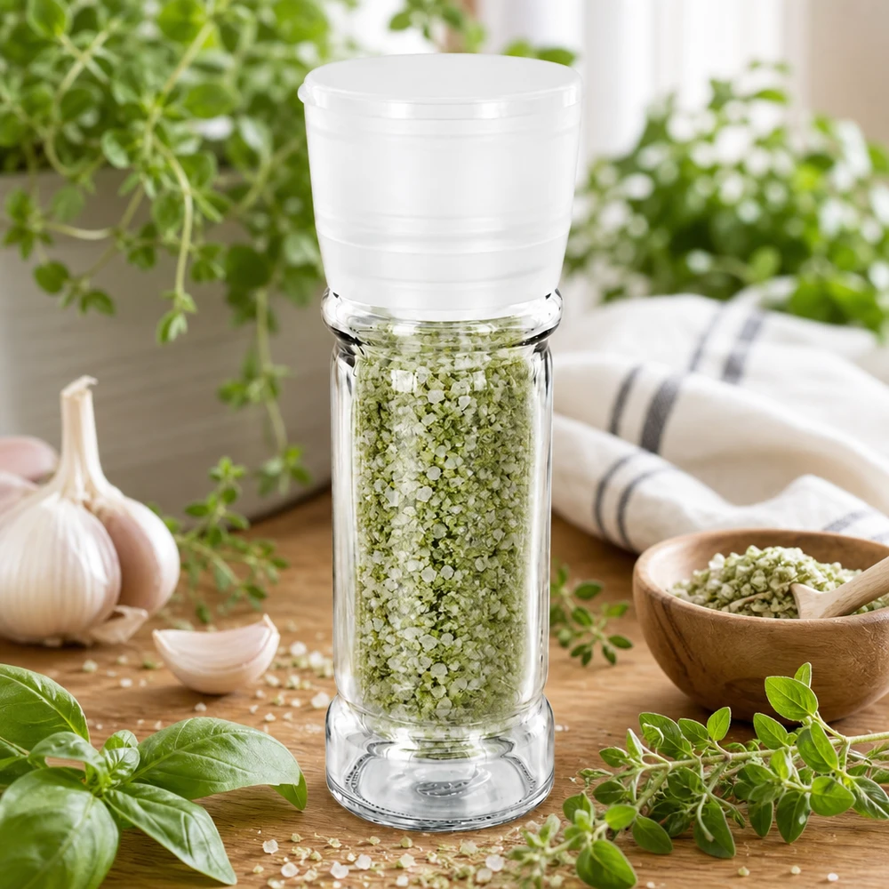 Sklenice na sůl/koření 100ml s mlýnkem Vario bílá Kompakte 100ml Salzmühle mit Kräutersalz neben frischem Basilikum und Oregano auf Holzoberfläche