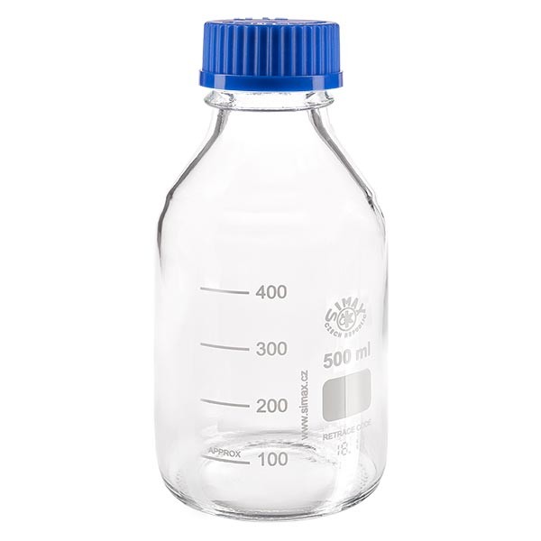 Láhev s laboratorním závitem 500 ml s víčkem, borosilikátová Láhev s laboratorním závitem 500 ml s víčkem, borosilikátová