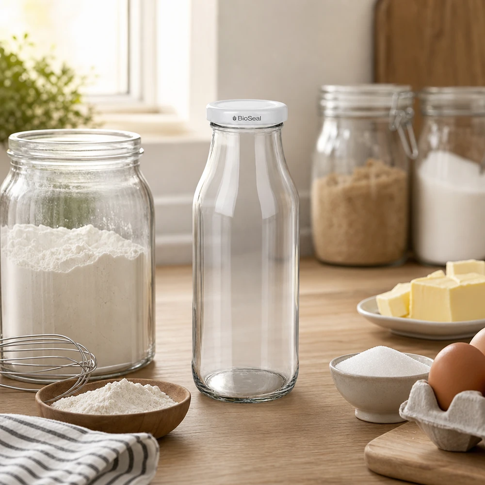 UNiTWIST Bottle263 Glasflasche leer mit weißem BioSeal Deckel auf Holztisch zwischen Backzutaten und Küchengeschirr
