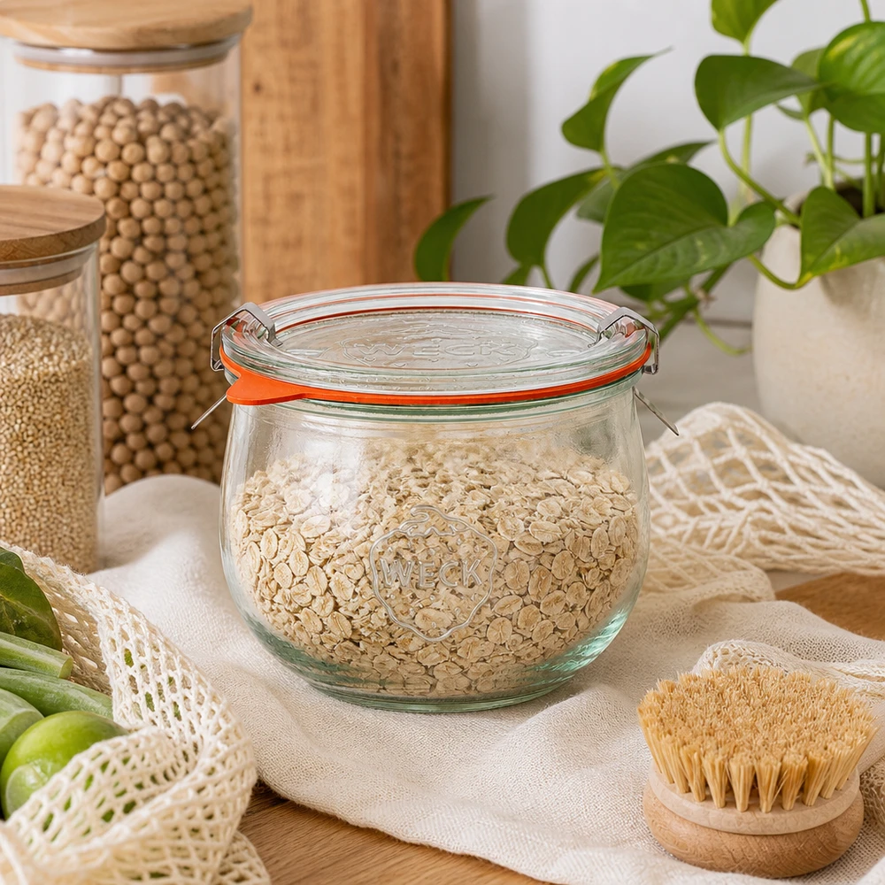 580ml tulipánová sklenice kompletní WECK RR100 WECK Tulpenglas 580ml RR100 zur Aufbewahrung von Haferflocken in nachhaltiger Küche mit Naturmaterialien