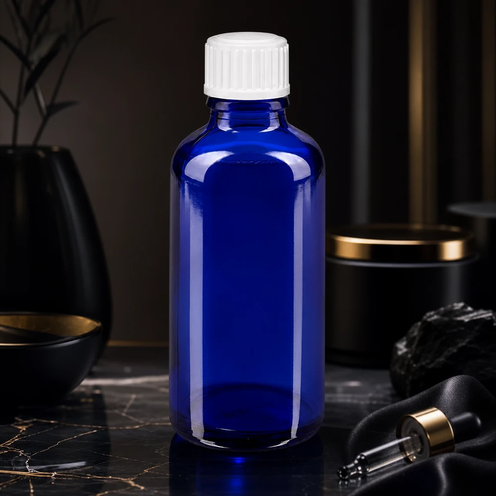 Professionelle 50ml Blaугlasflasche Standard GR mit weißem Verschluss für Kosmetik und Pharmazie