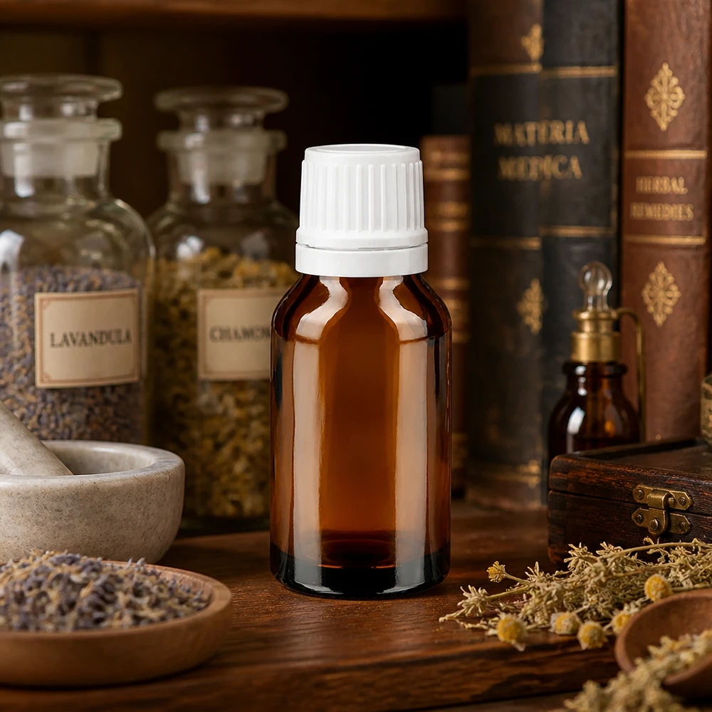 Lékárenská lahvička hnědá 15ml uzávěr kapátka 1,2mm bílý uzávěr proti neoprávněné manipulaci Apothekenflasche Braunglas 15ml mit weißem Tropfverschluss in historischer Kräuterapotheke