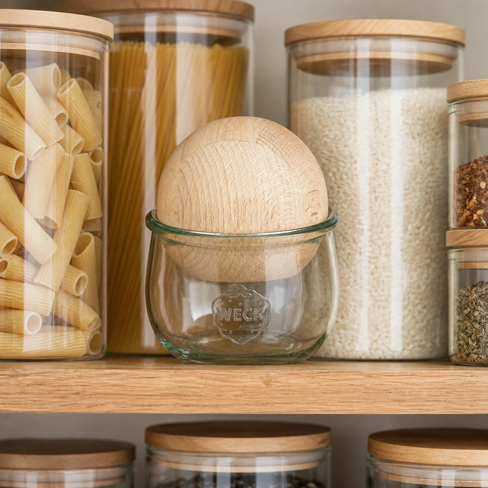 Tulipánová sklenice WECK RR100 o objemu 580 ml s kuličkou z bukového dřeva WECK Tulpenglas 580ml RR100 mit Buchenholzkugel in organisierter Vorratsküche zwischen Pasta und Reis Aufbewahrungsgläse