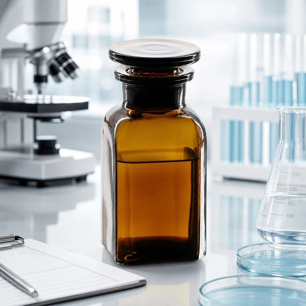 Hranatá láhev 100ml hnědá skleněná zátka se širokým hrdlem Laborflasche 100ml braun Weithalsflasche viereckig dicht verschlossen mit Glasstopfen