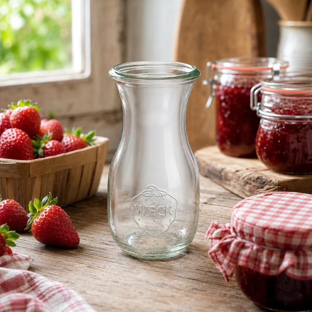 WECK Saftflasche 290ml RR60 in rustikaler Küche mit frischen Erdbeeren und selbstgemachter Marmelade