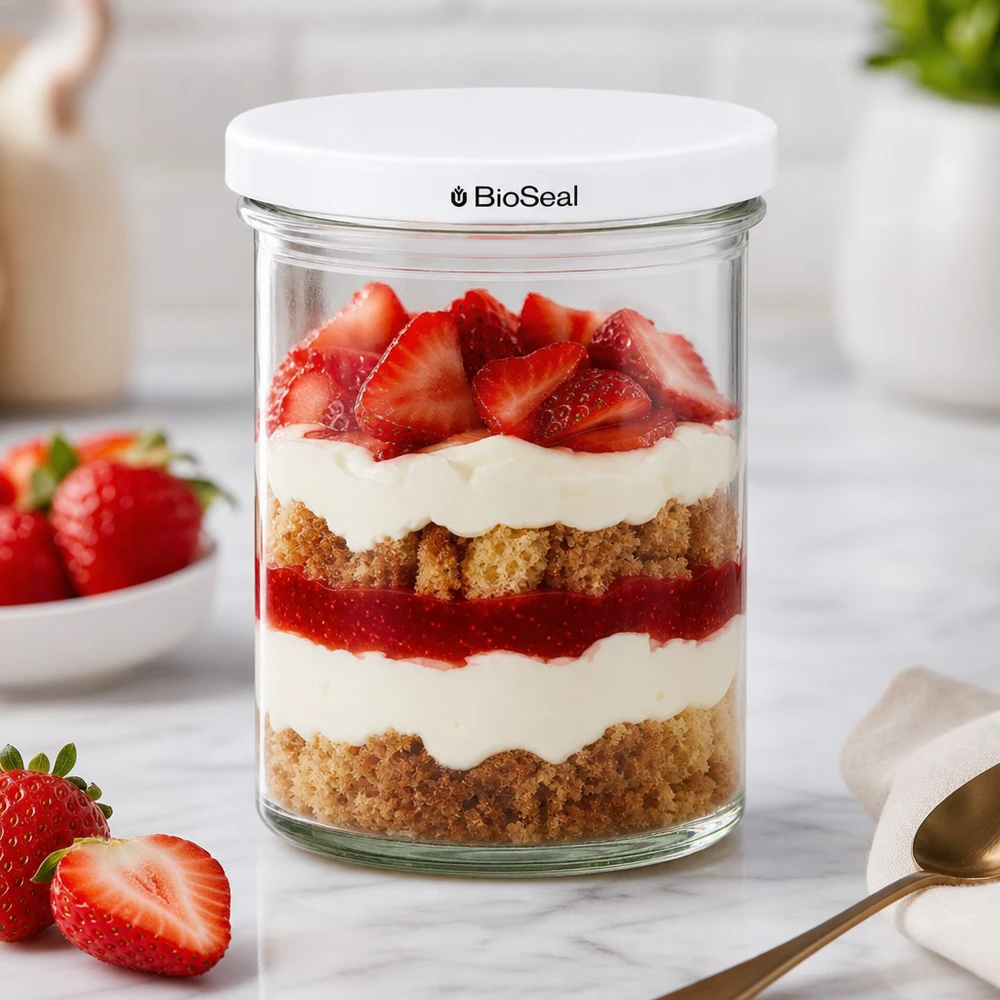 435ml sklenice s bílým víčkem BioSeal UNiTWIST UNiTWIST Sturzglas 435ml mit geschichtetem Erdbeerdessert und frischen Beeren zeigt kreative Nachtisch-Präsentation