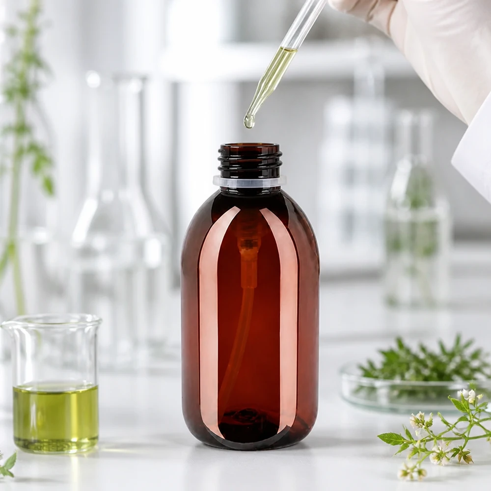 PET láhev 250ml s dávkovací pumpičkou bílá Lichtgeschuetzte 250ml Kunststoffflasche braun mit Pumpdispenser weiss