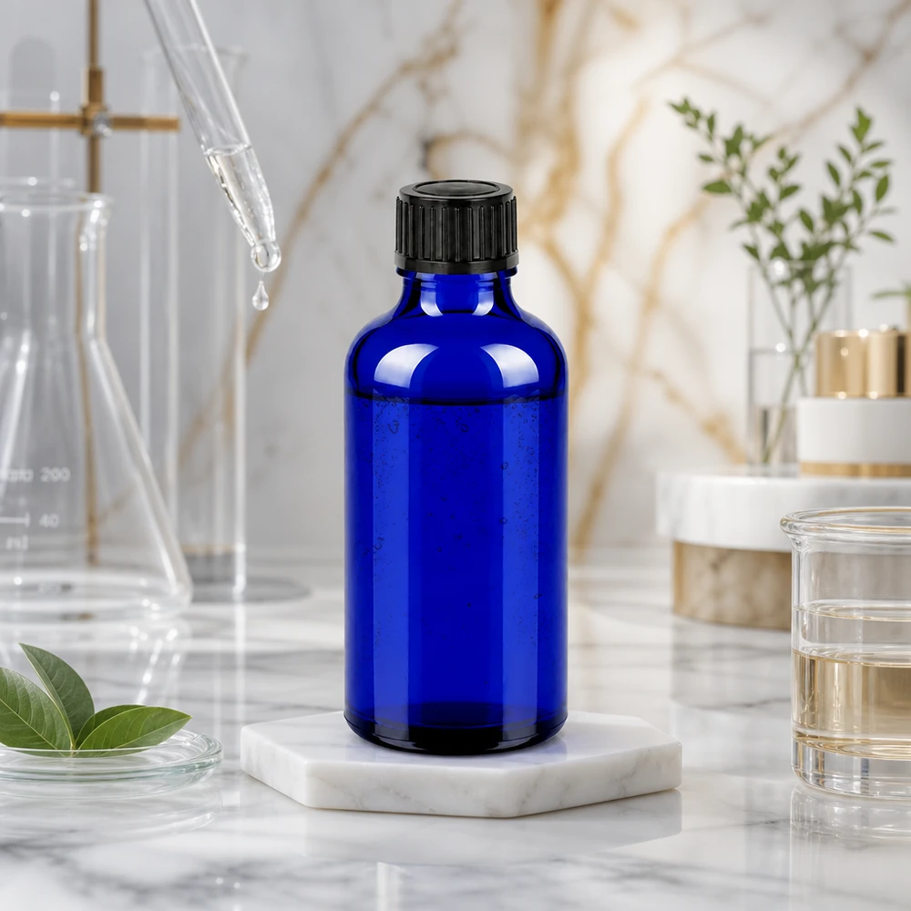 50ml láhev 11mm šroubovací uzávěr černý BlueLine UT18/50. Vielseitige 50ml blaue Glasflasche mit schwarzem Originalitätsverschluss für DIY-Kosmetik und Tinkturen