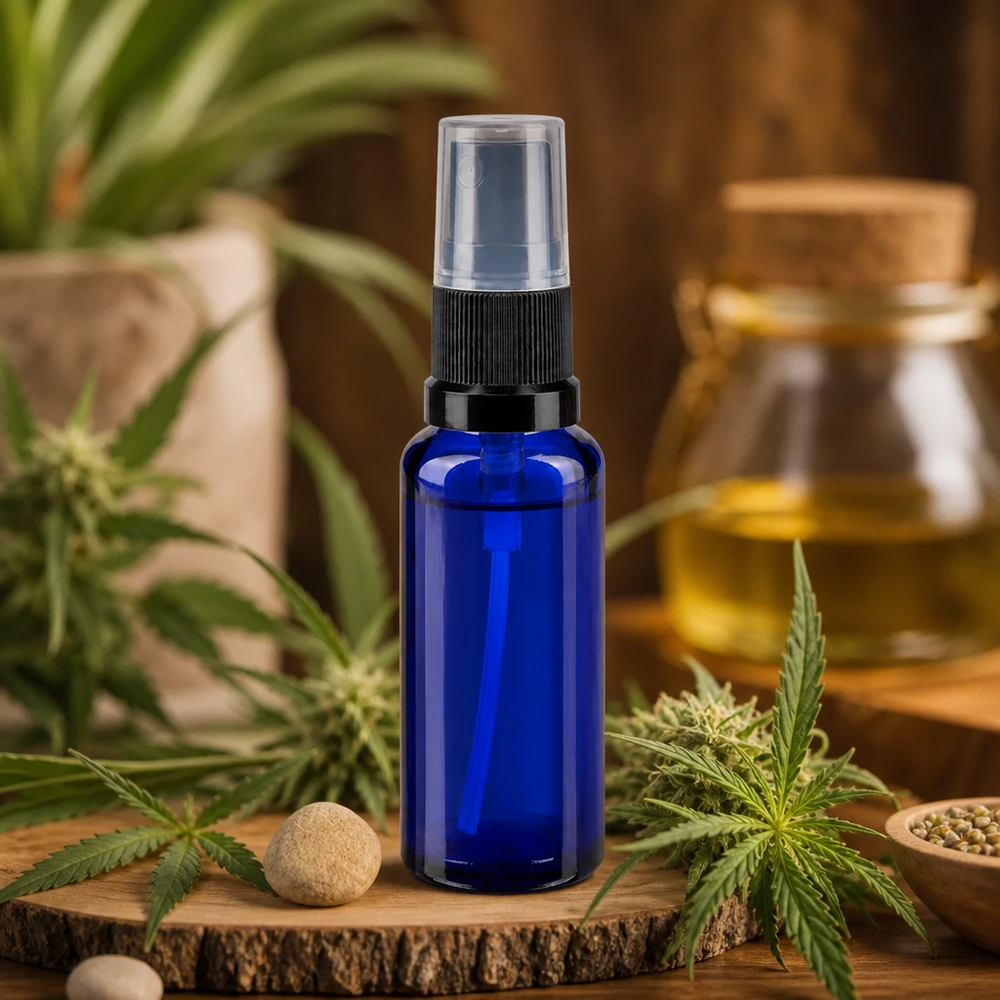 Lékárenská lahvička modrá 30ml s rozprašovacím víčkem černá Kompakte 30ml Glassprayflasche in Apothekenqualität mit Hanfsamen und goldgelbem Pflanzenöl