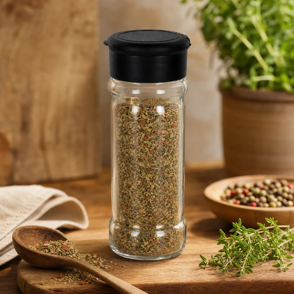 Dóza na sůl/koření 100ml s mlýnkem Vario černá Rundes Salz- und Gewürzglas 100ml mit schwarzem Deckel zwischen frischen Kräutern