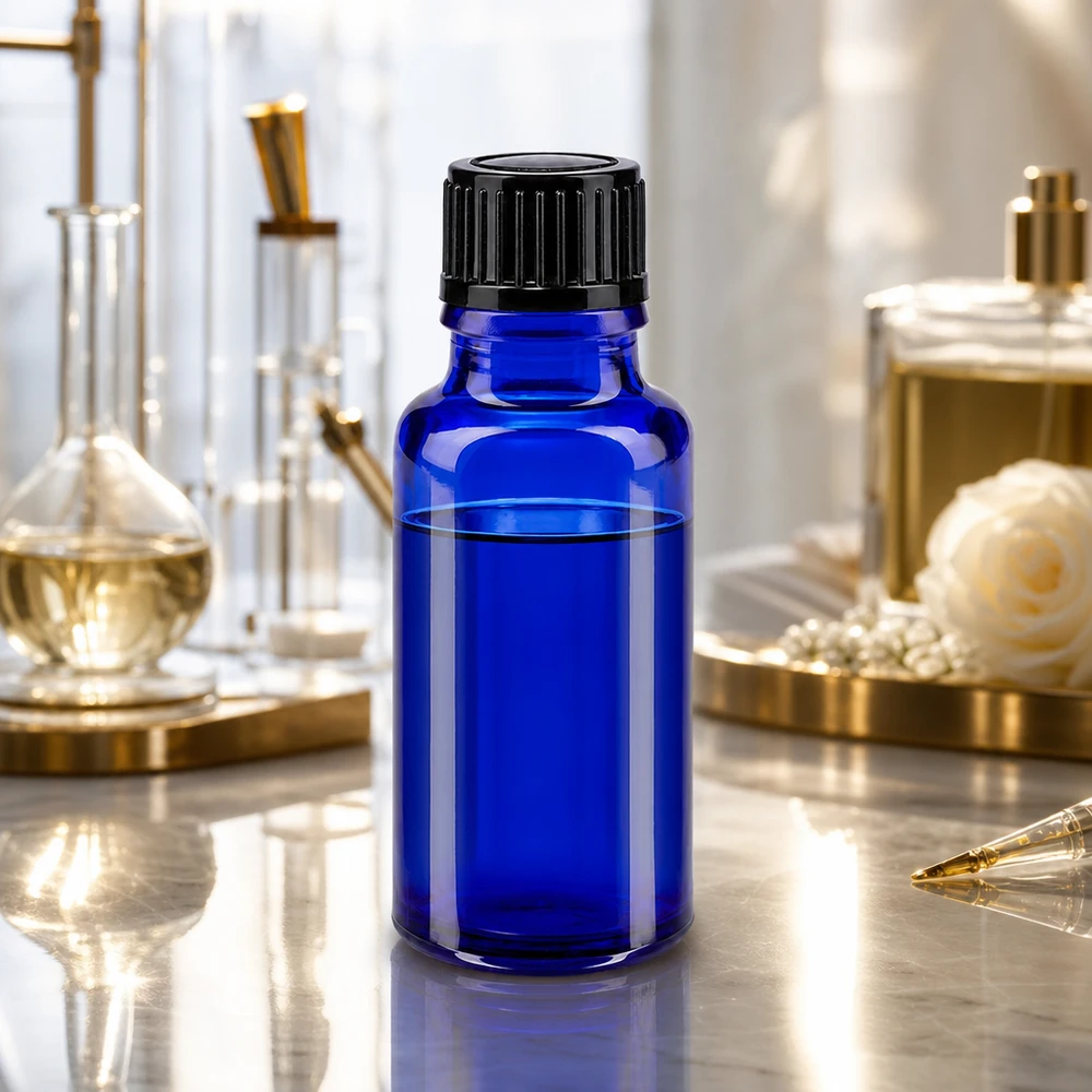 Runde blaue 20ml Apothekerflasche Glas schwarzer Schraubdeckel 11mm auf Marmoroberfläche