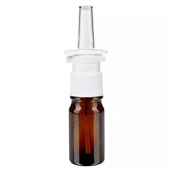 Lékárenská lahvička hnědá 5ml nosní sprej bílá standardní Lékárenská lahvička hnědá 5ml nosní sprej bílá standardní