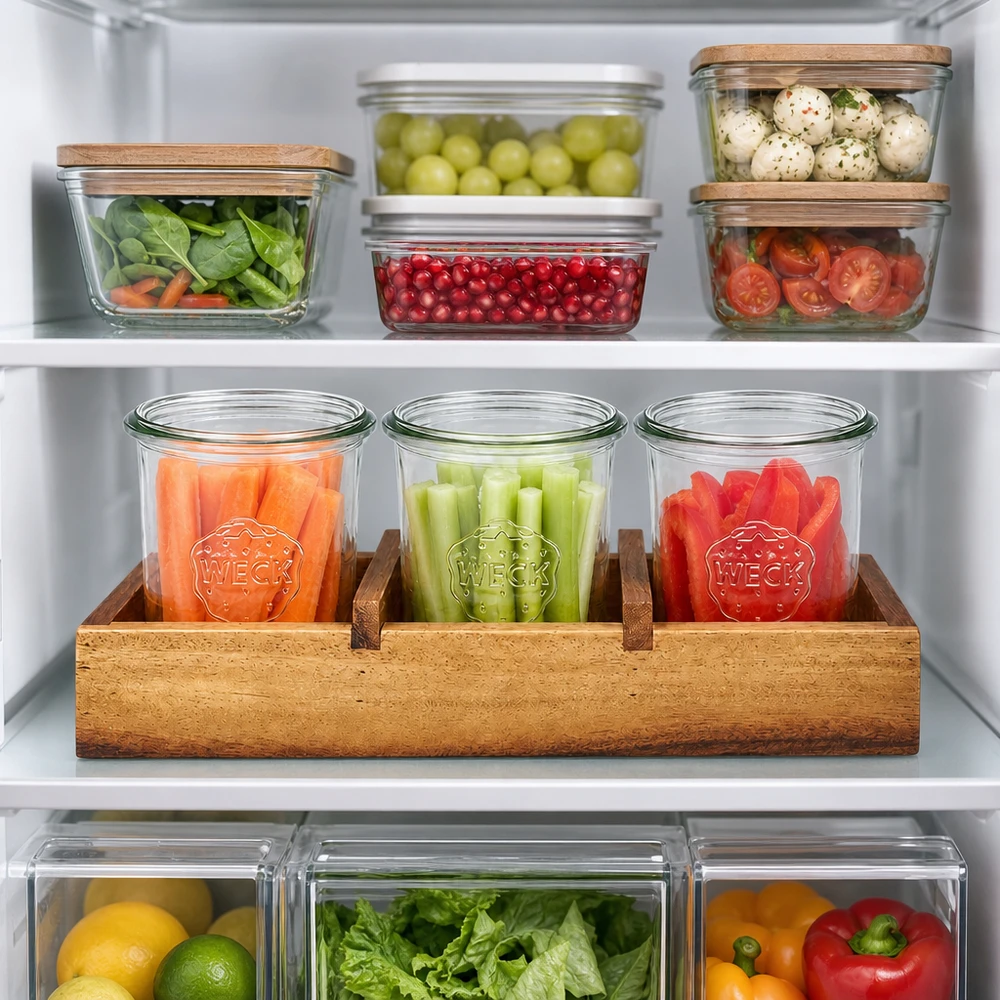 Akazienholz Servierbrett Box3 WECK Gläser Kühlschrank Organisation Meal Prep Gemüse Aufbewahrung frische Lebensmittel