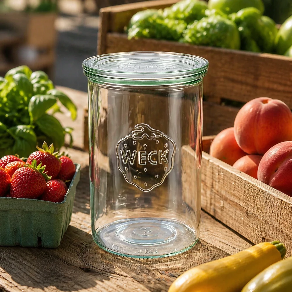 1000ml tumblery se skleněným víčkem WECK RR100 WECK Sturzglas 1000ml RR100 leer im Freien auf Holztisch umgeben von frischem Obst und Gemüse in Holzkisten