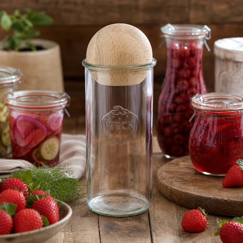 1500ml tumblery WECK RR100 s dřevěnou kuličkou buk WECK Sturzglas 1500ml RR100 dekorativ arrangiert mit Marmeladengläsern und frischen Erdbeeren auf Holztisch