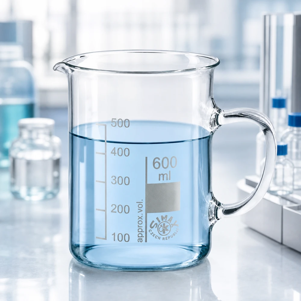 Kádinka z borosilikátového skla 600 ml, s rukojetí Becherglas 600ml Borosilikatglas mit Henkel für Laboranwendungen Chemie und Forschung