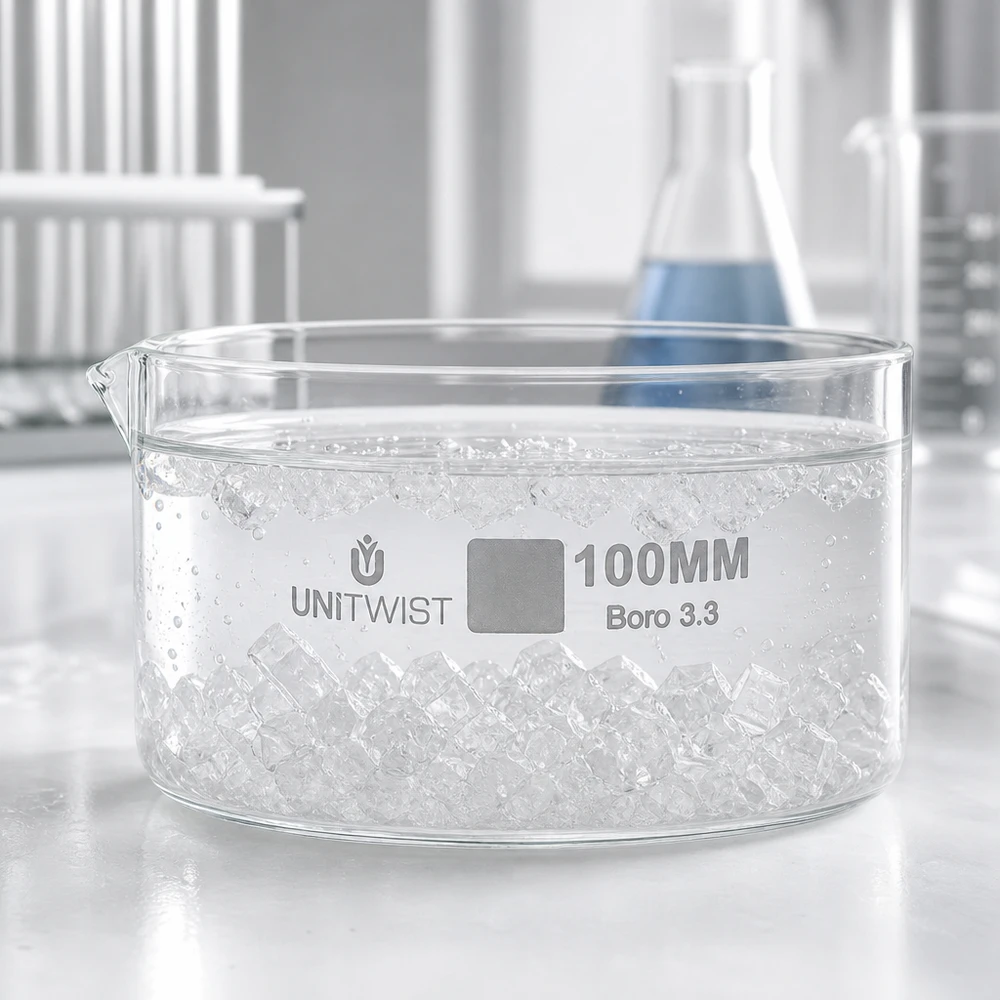 Krystalizační miska ø100mm z borosilikátového skla UNiTWIST UNiTWIST Glasschale 100mm Borosilikatglas für chemische Experimente im Labor