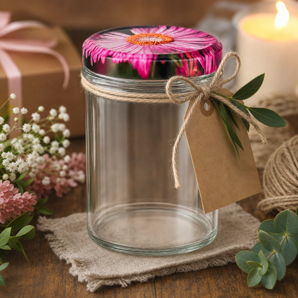 350ml kelímky + víčko BasicSeal s květinovým dekorem UNiTwist Dekoratives 350ml Einmachglas mit Blüten-Deckel als Geschenkidee mit Juteschnur Anhänger und Blumendeko