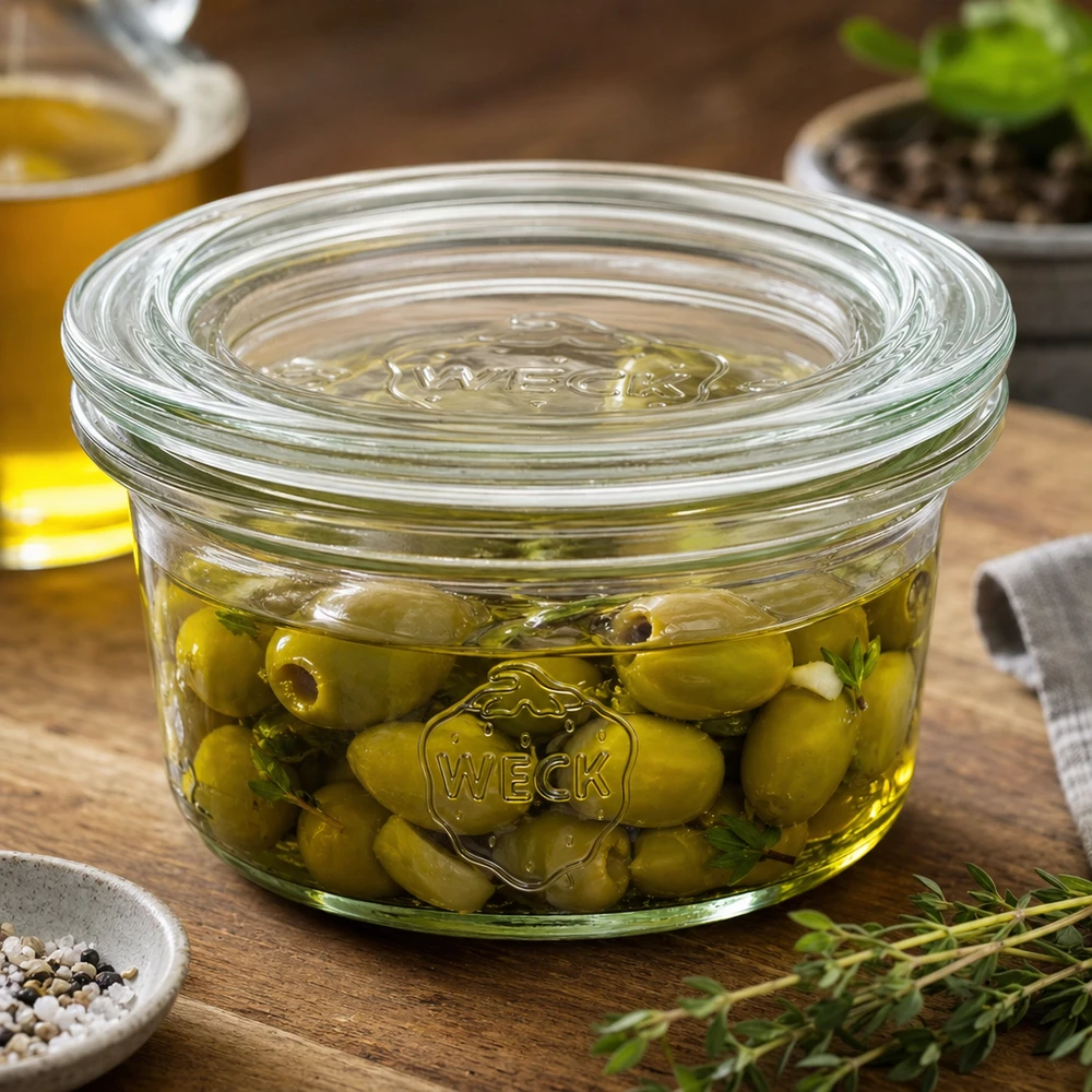 Skleněné 50ml sklenice s víčkem WECK RR60. WECK Sturzglas 50ml mit eingelegten Oliven in Kräuteröl gefüllt neben Gewürzen auf Holzuntergrund