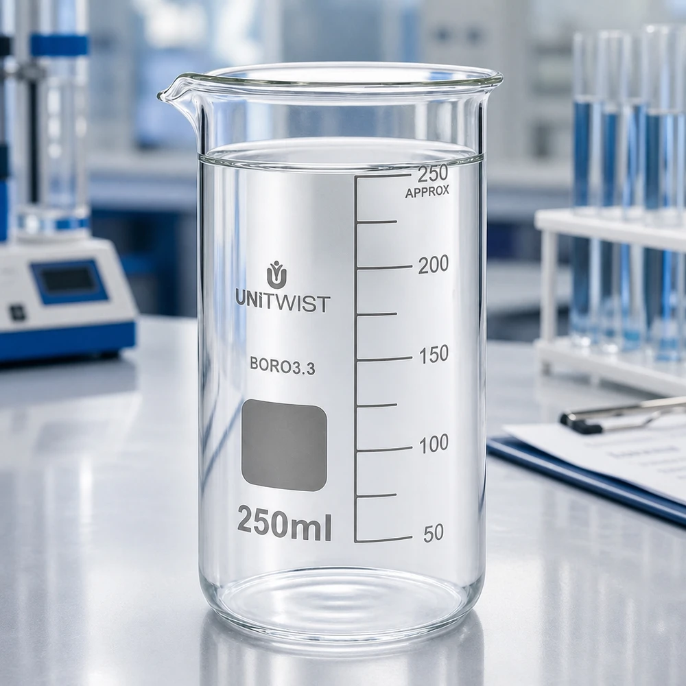 Kádinka 250ml borosilikátová, vysoká forma UNiTWIST Professionelles UNITWIST Laborglas 250ml hohe Form zylindrisch mit Schnabelausguss