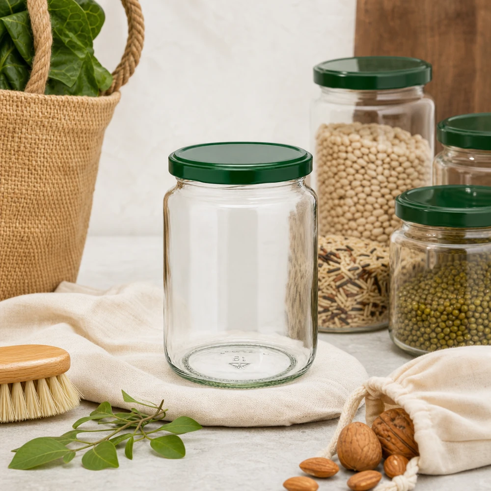795ml kulatá sklenice + víčko BasicSeal zelené UNiTWIST 795ml Rundglas UNiTWIST mit grünem Deckel in nachhaltiger Zero-Waste-Küche neben Nüssen und Hülsenfrüchten