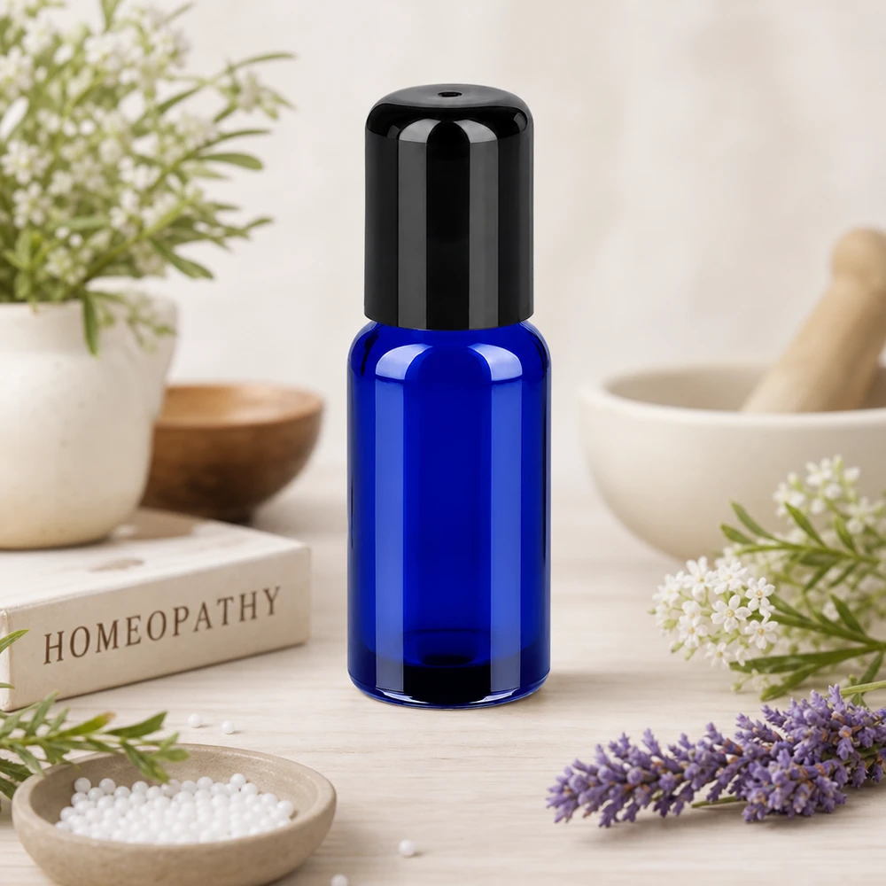 20ml roll-on lahvička černá se standardním uzávěrem BlueLine UT18/20 Premium Roll-On Flasche 20ml in königsblau mit schwarzem Applikator für therapeutische Öle