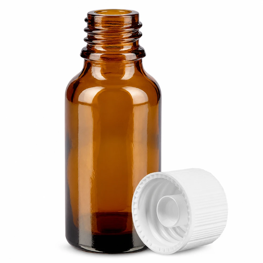 Professionelle 20ml Flasche aus getöntem Glas mit kindersicherem Verschluss für den Laborbereich