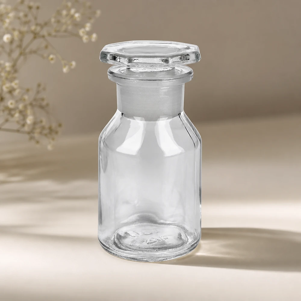 Lahvička se strmým hrdlem 50 ml čirá skleněná zátka se širokým hrdlem Steilbrustflasche 50ml Weithals klar mit Glasstopfen robuste Apothekerflasche im Vintage-Stil