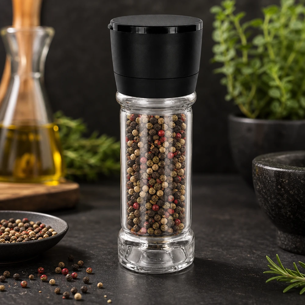 Klares Glas-Gewürzstreuer mit schwarzer Mühle Vario neben Olivenöl Kräutern und Mörser
