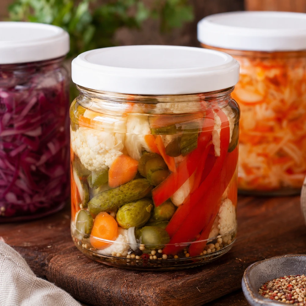 212ml kulatá sklenice s víčkem BasicSeal bílá UNiTWIST 212ml Rundglas mit BasicSeal Deckel gefüllt mit eingelegtem Gemüse - Gurken, Paprika, Blumenkohl und Gewürzen