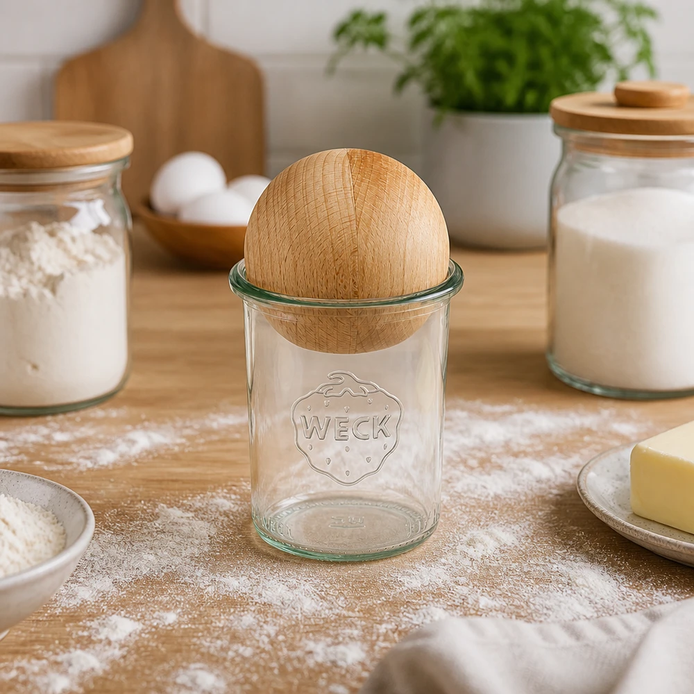 160ml kelímky WECK RR60 s dřevěnou kuličkou buk WECK Sturzglas RR60 160ml mit Buchenkugel-Verschluss in Backküche zwischen Mehlgläsern und Backzutaten arrangiert