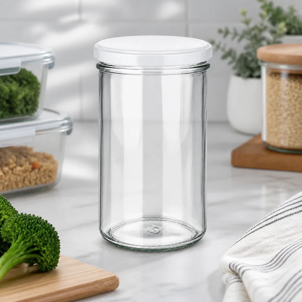277ml zavařovací sklenice s víčkem BasicSeal bílá UNiTWIST 277ml Einmachglas in moderner Küchenumgebung mit Gemüse und Vorratsgläsern - vielseitig für Meal Prep und Aufbewahrung