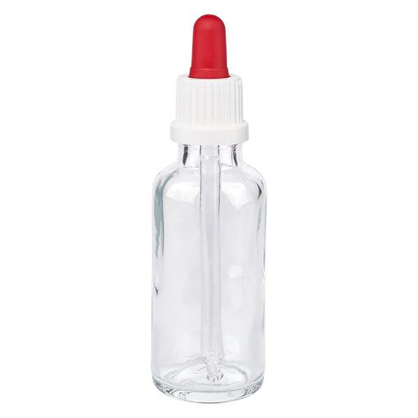Lékárenská láhev čirá 30ml pipeta bílá/červená nedotknutelný uzávěr Lékárenská láhev čirá 30ml pipeta bílá/červená nedotknutelný uzávěr