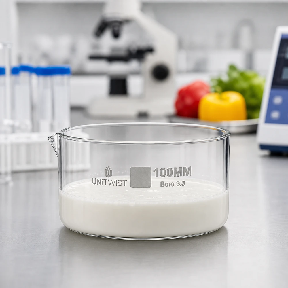 Krystalizační miska ø100mm z borosilikátového skla UNiTWIST Kristallisierschale 100mm UNiTWIST Borosilikatglas hitzebeständig Lebensmittellabor weißer Inhalt