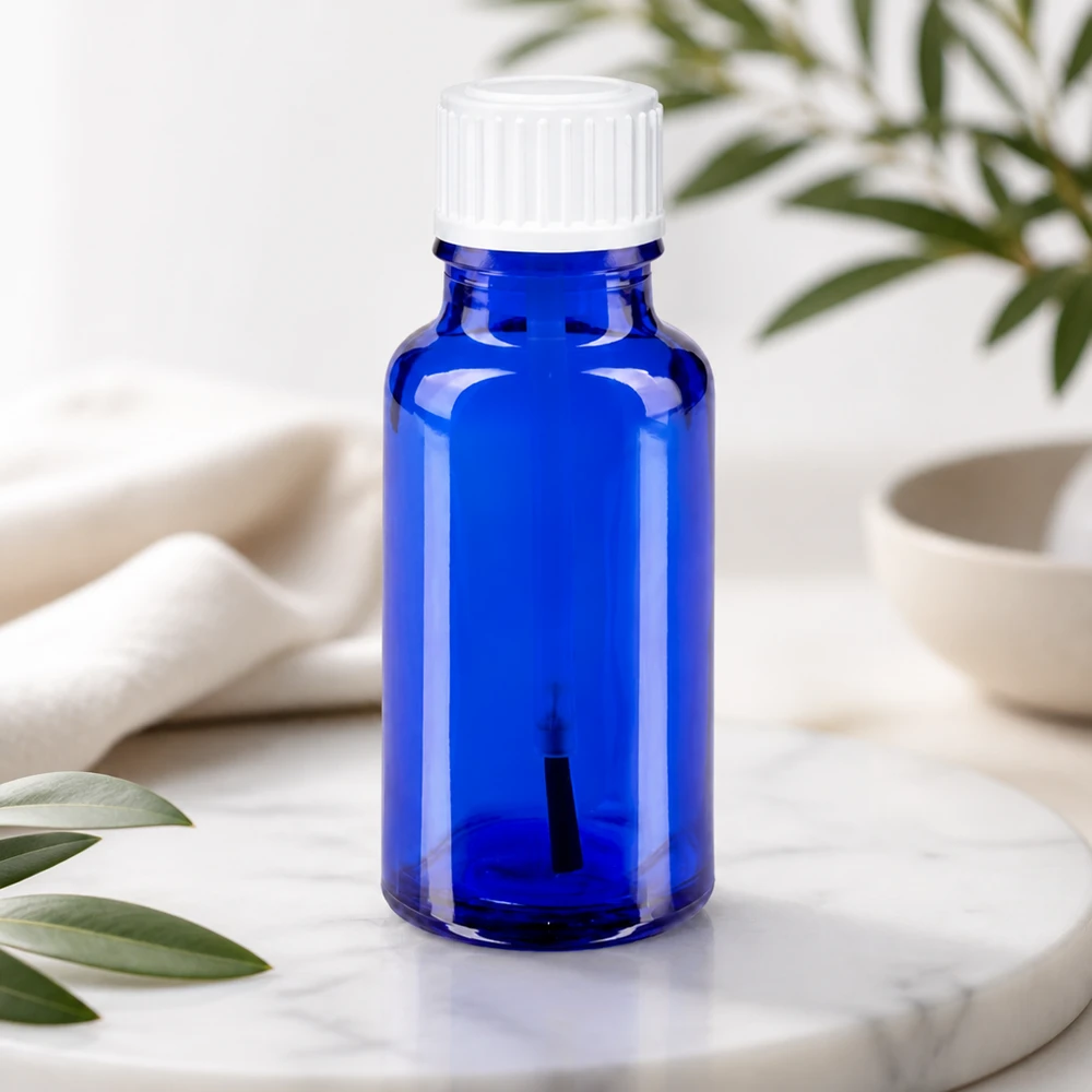 Lékárenská láhev modrá 20ml šroubovací uzávěr bílá štětka Apothekerflasche blau 20ml Borosilikatglas mit weißem Schraubdeckel Pinseleinlage
