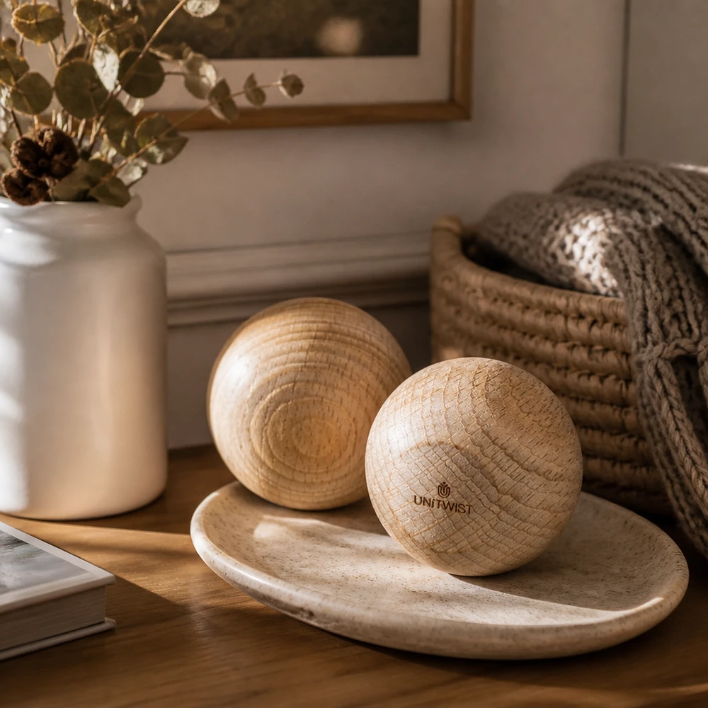 UNiTWIST dřevěná koule (buk) pro WECK RR60 UNiTWIST Holzkugel Buche WECK RR60 auf Holzschale dekorativ arrangiert mit Keramikvase und Strickware Wohnaccessoire