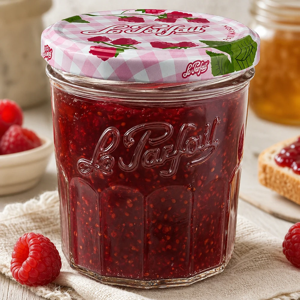 Gefülltes 324ml Le Parfait Sturzglas mit Himbeermarmelade und dekorativem Schraubdeckel in gemütlicher Küche
