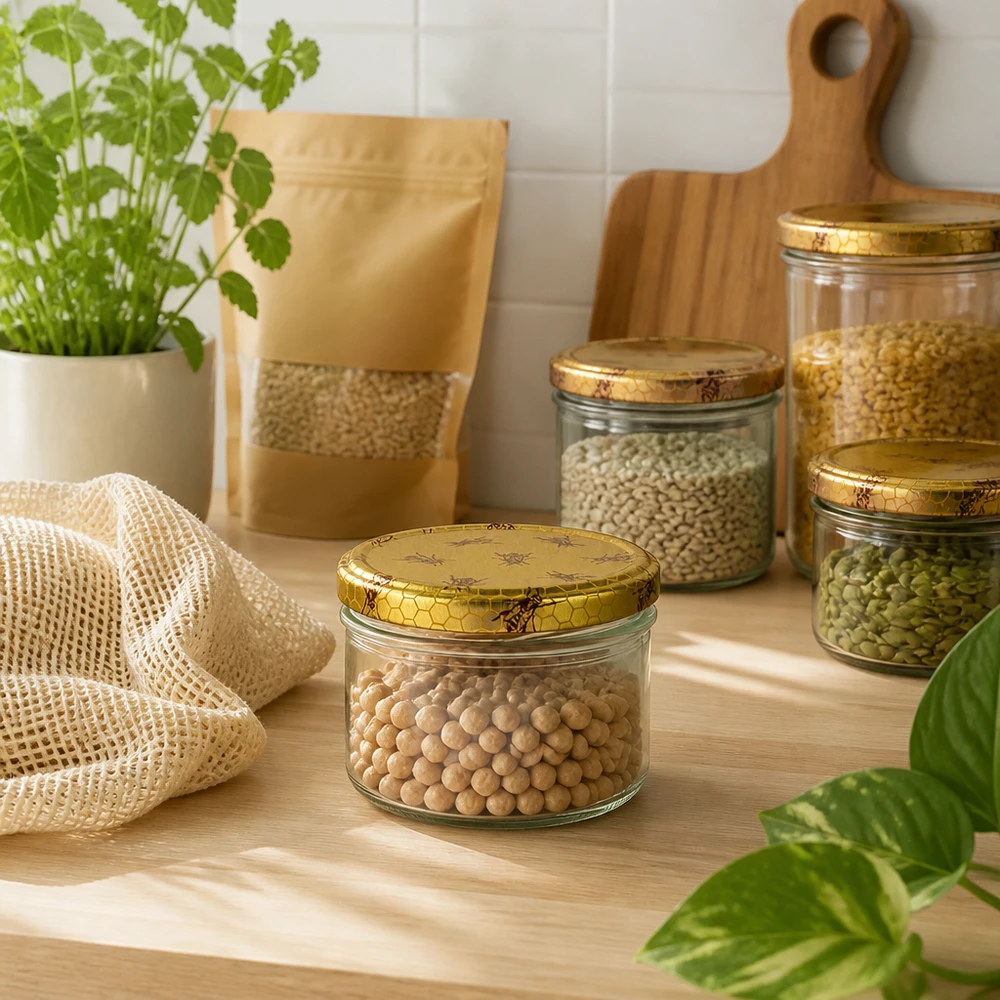 Skleněná nádoba o objemu 225 ml + víčko BasicSeal honeycomb UNiTWIST 225ml Sturzglas Set Bienenwaben-Deckel gefüllt mit Hülsenfrüchten Getreide Vorratsdosen Küche Zero Waste Aufbewahrung