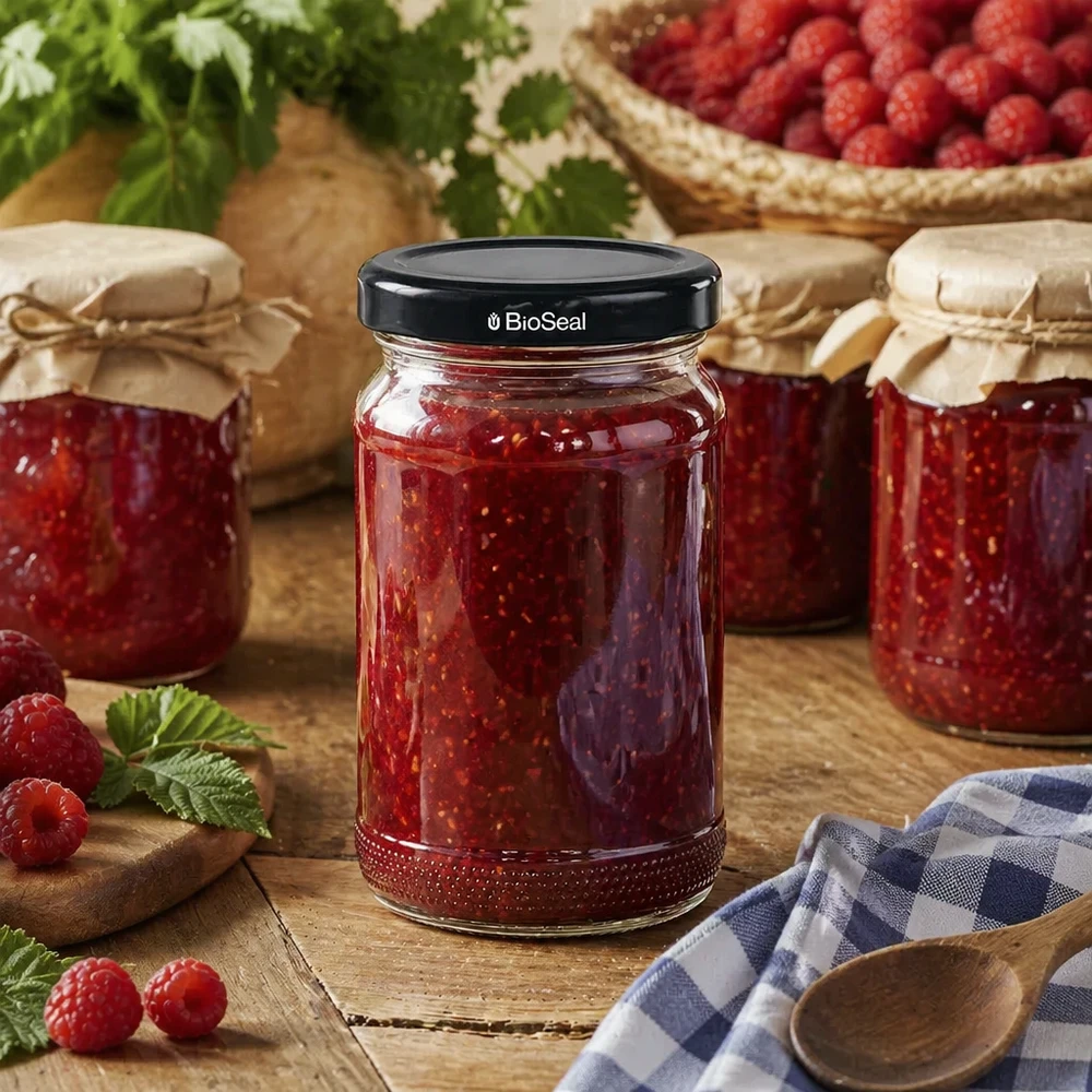 Kulatá sklenice 110 ml + víčko BioSeal černé UNiTWIST. UNiTWIST Runda110 mit Himbeermarmelade gefüllt und schwarzem TO48 BioSeal Deckel zwischen Einmachgläsern auf Holzuntergr