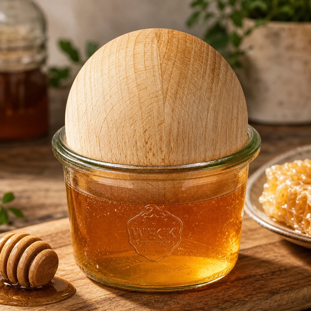 80ml kelímky WECK RR60 s dřevěnou kuličkou buk 80ml WECK Sturzglas RR60 mit Honig gefüllt und Buchenholzkugel-Deckel neben Honiglöffel und Wabe