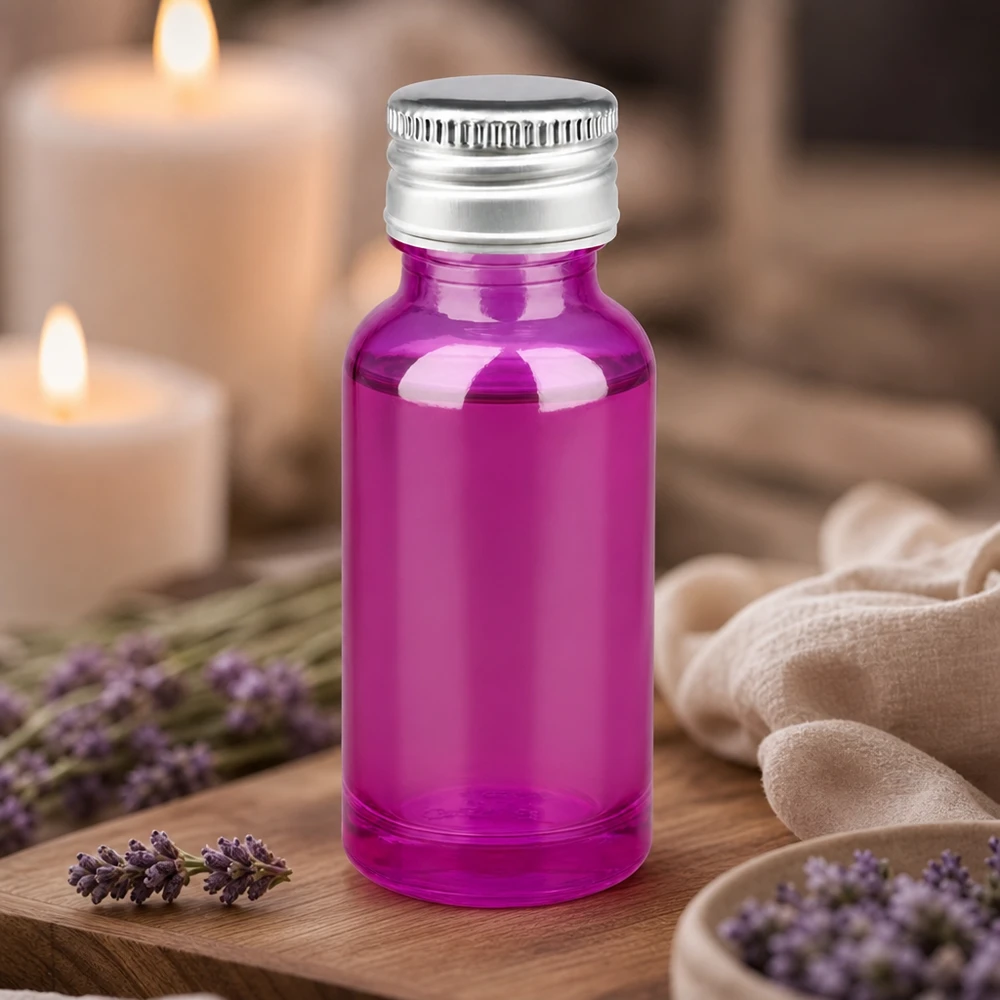 Stilvolle 20ml Glasflasche in Purple mit matt-silbernem Alu-Verschluss für professionelle Nutzung