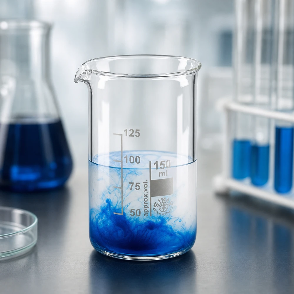 Kádinka 150 ml z borosilikátového skla, vysoký tvar Becherglas 150ml hohe zylindrische Form mit blauer Tinte die sich im Wasser auflöst
