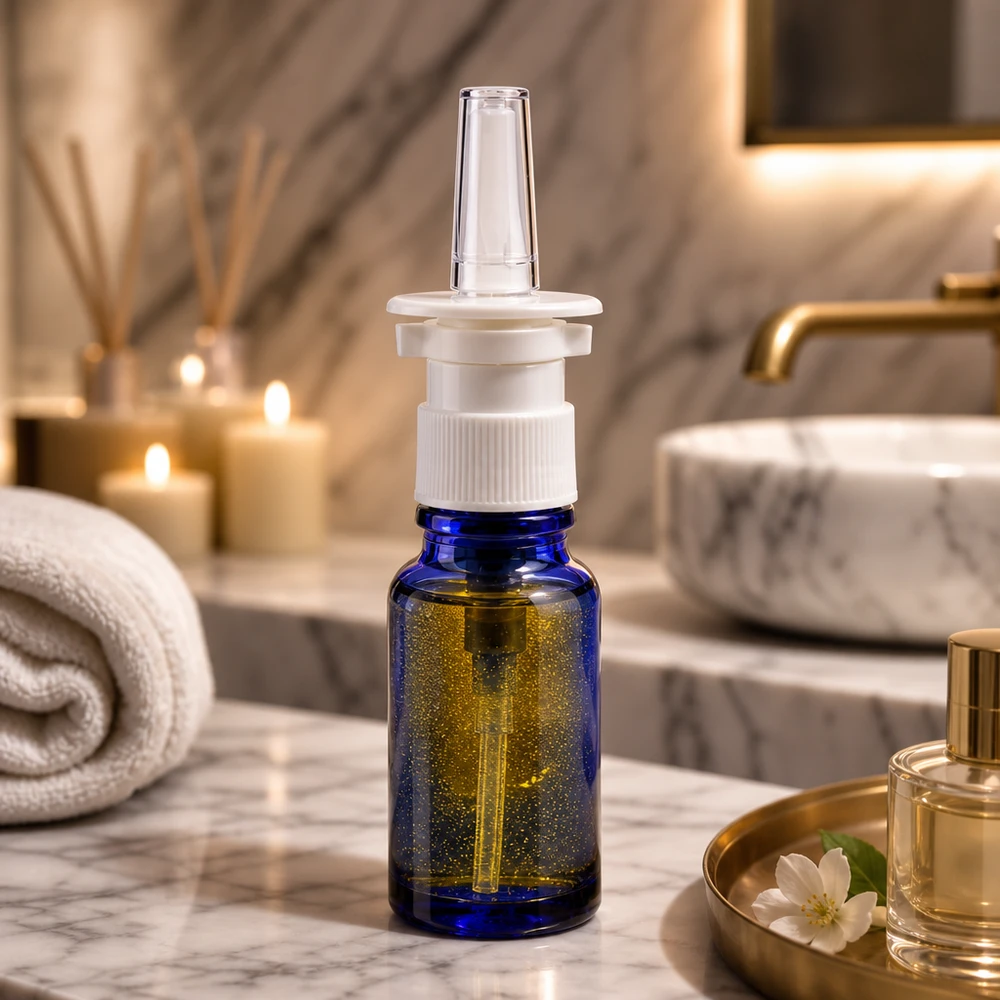 Blaue 10ml Pharmaflasche mit weißem Nasenspray-Mechanismus und klarer Applikatordüse