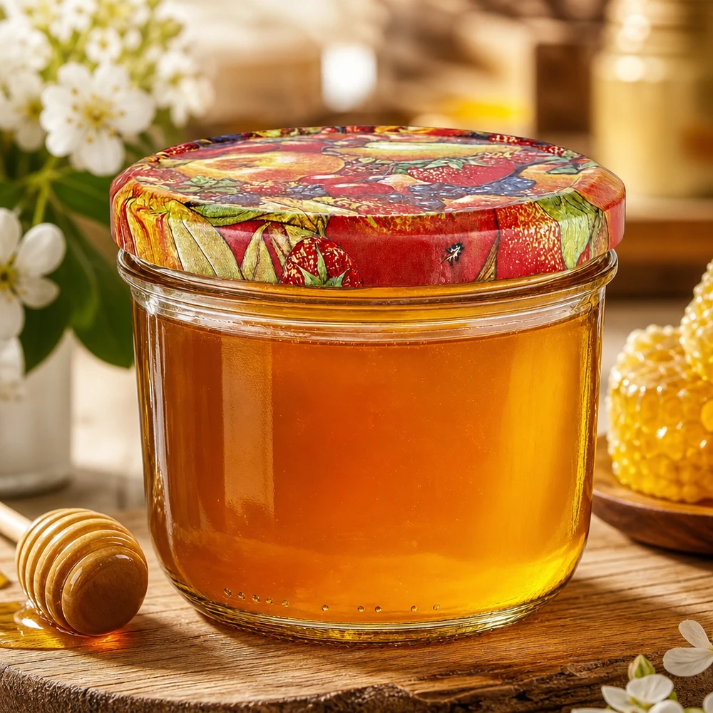 230ml kelímky + víčko BasicSeal s ovocným dekorem UNiTWIST. 230ml Sturzglas mit Honig befüllt und buntem BasicSeal Obstdekor-Deckel neben Honiglöffel und Bienenwabe