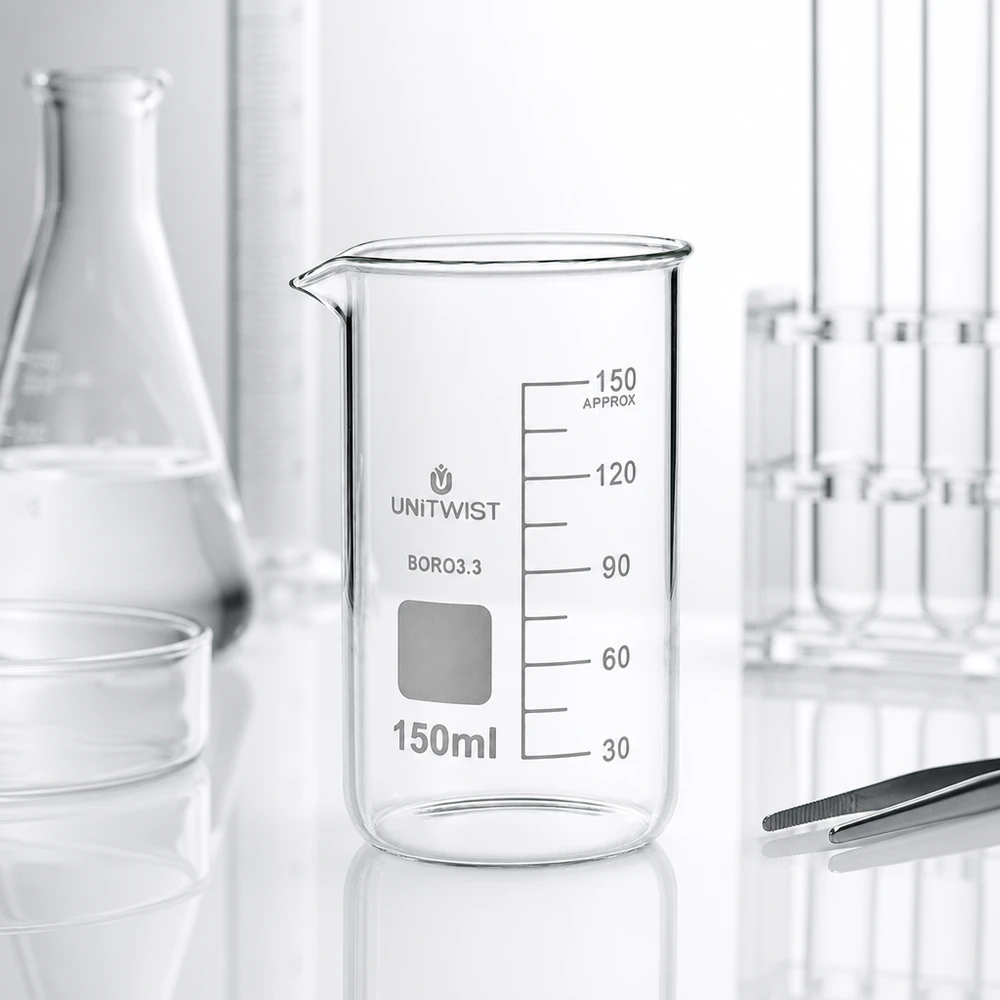 Kádinka 150ml borosilikátová, vysoká forma UNiTWIST Klares Becherglas 150ml hohe Form UNITWIST Borosilikat 3.3 im professionellen Laborumfeld